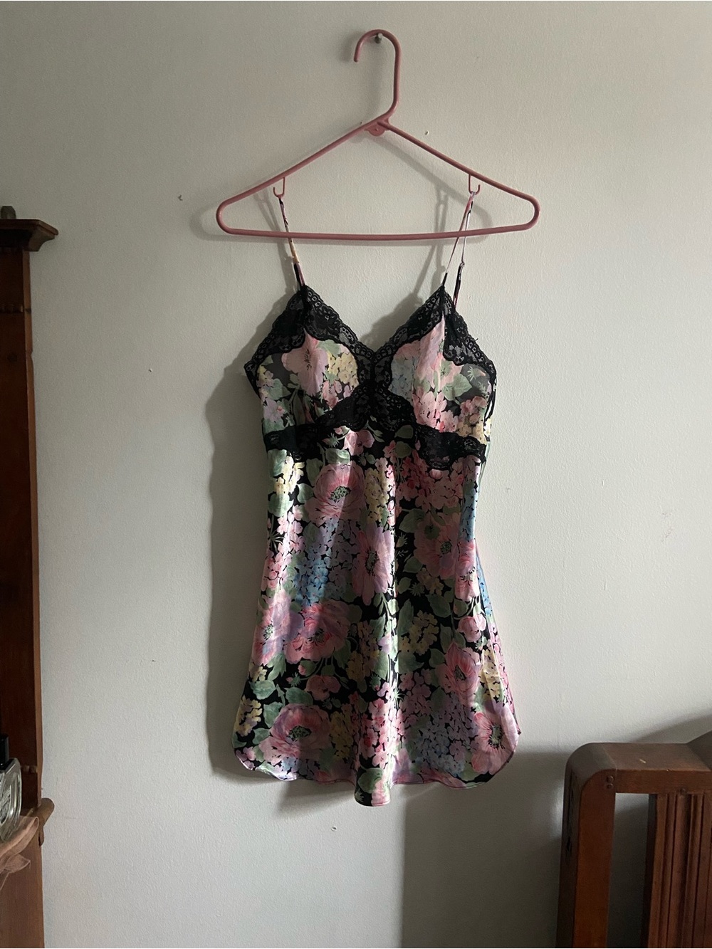 Vntg Victoria's Secret Satin Floral Chemise – Pink, Green & Black